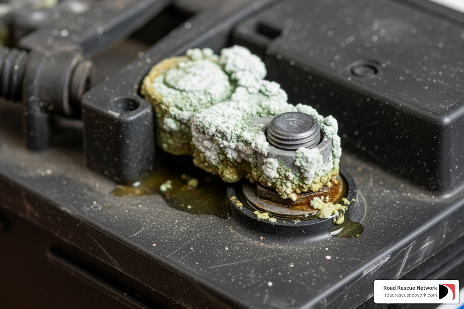 A car battery with severely corroded terminals, indicating neglect or a leak - jump start service vancouver