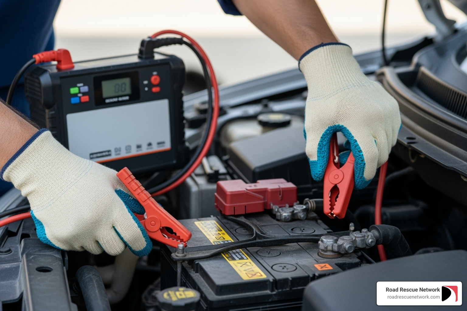 An image showing the correct way to connect jumper cables to a dead battery and a working battery, with safety instructions. A professional is using a modern, portable jump pack with surge protection - jump start service vancouver