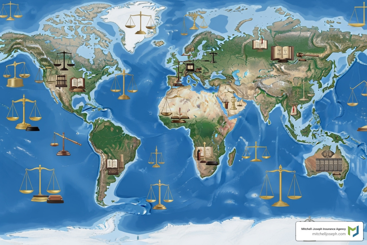a world map with legal scales superimposed over different regions - Pharmaceutical product liability