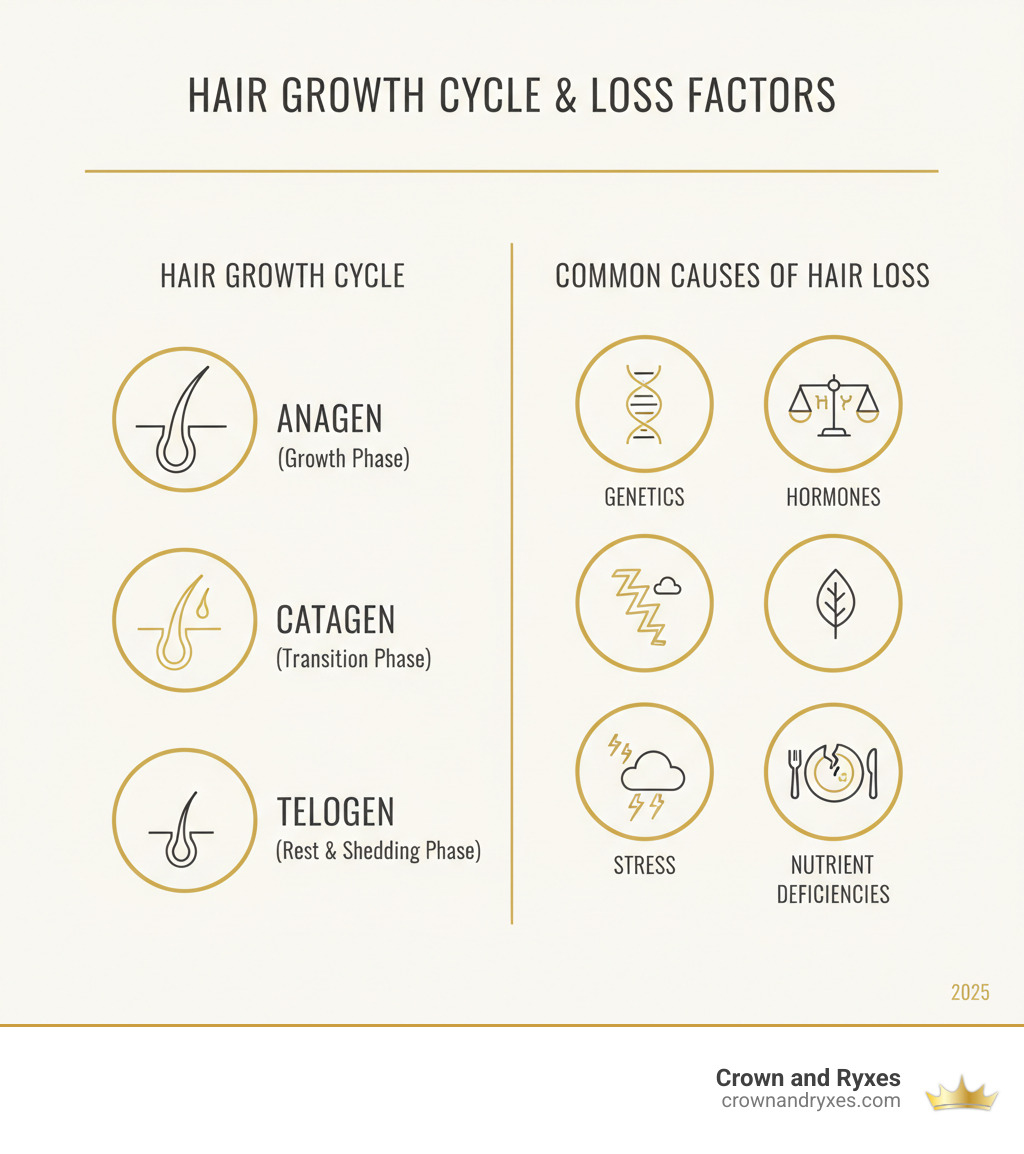 infographic showing the hair growth cycle stages (anagen, catagen, telogen) and common causes of hair loss including genetics, hormones, stress, and nutritional deficiencies - topical hair growth treatment infographic infographic showing the hair growth cycle stages (anagen, catagen, telogen) and common causes of hair loss including genetics, hormones, stress, and nutritional deficiencies - topical hair growth treatment infographic