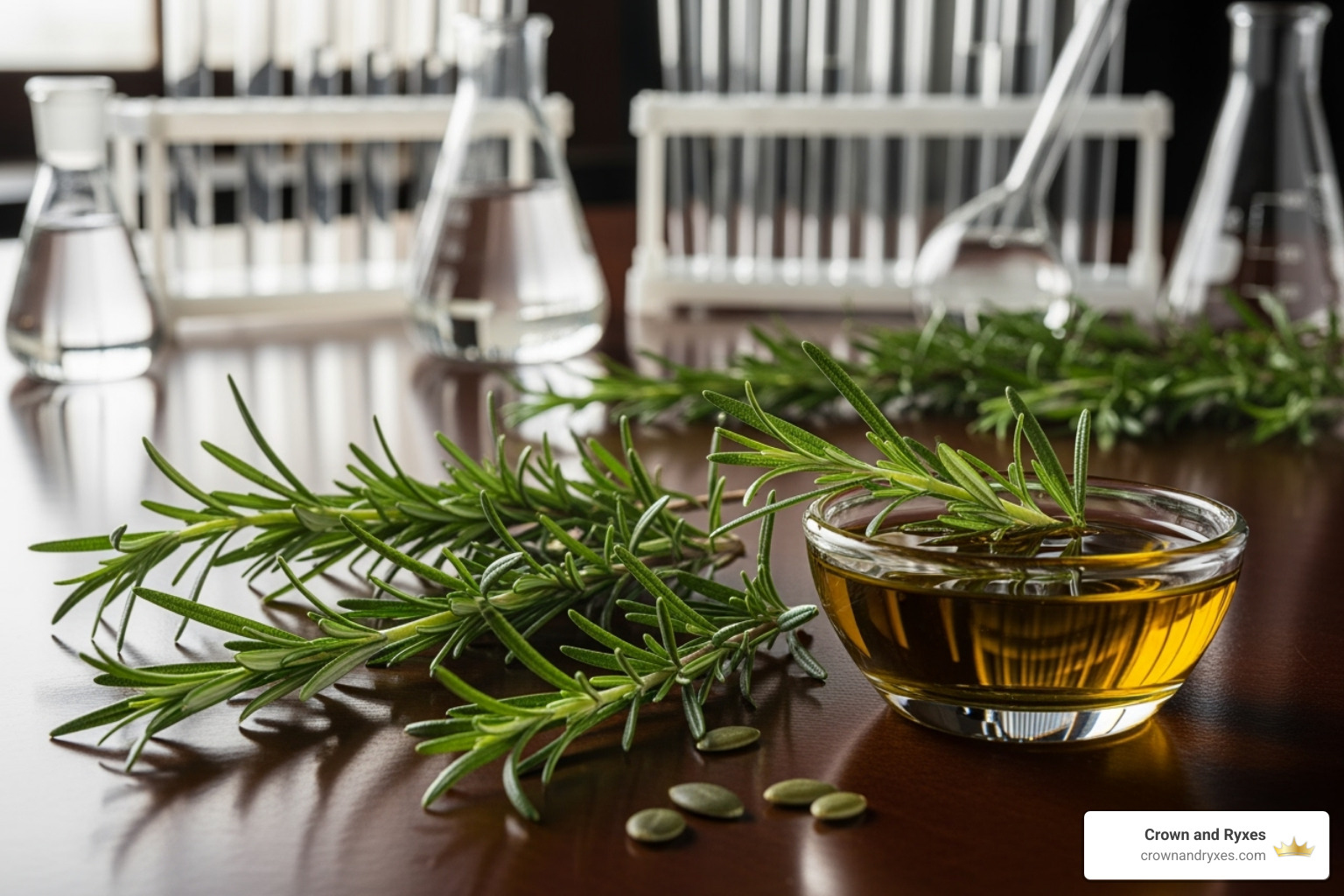natural ingredients like rosemary and pumpkin seed oil, with scientific glassware in the background - topical hair growth treatment natural ingredients like rosemary and pumpkin seed oil, with scientific glassware in the background - topical hair growth treatment
