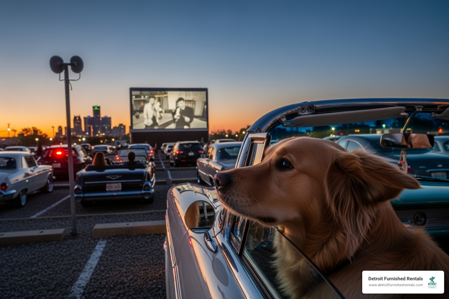 car at Detroit drive-in with dog looking out window - pet friendly Detroit