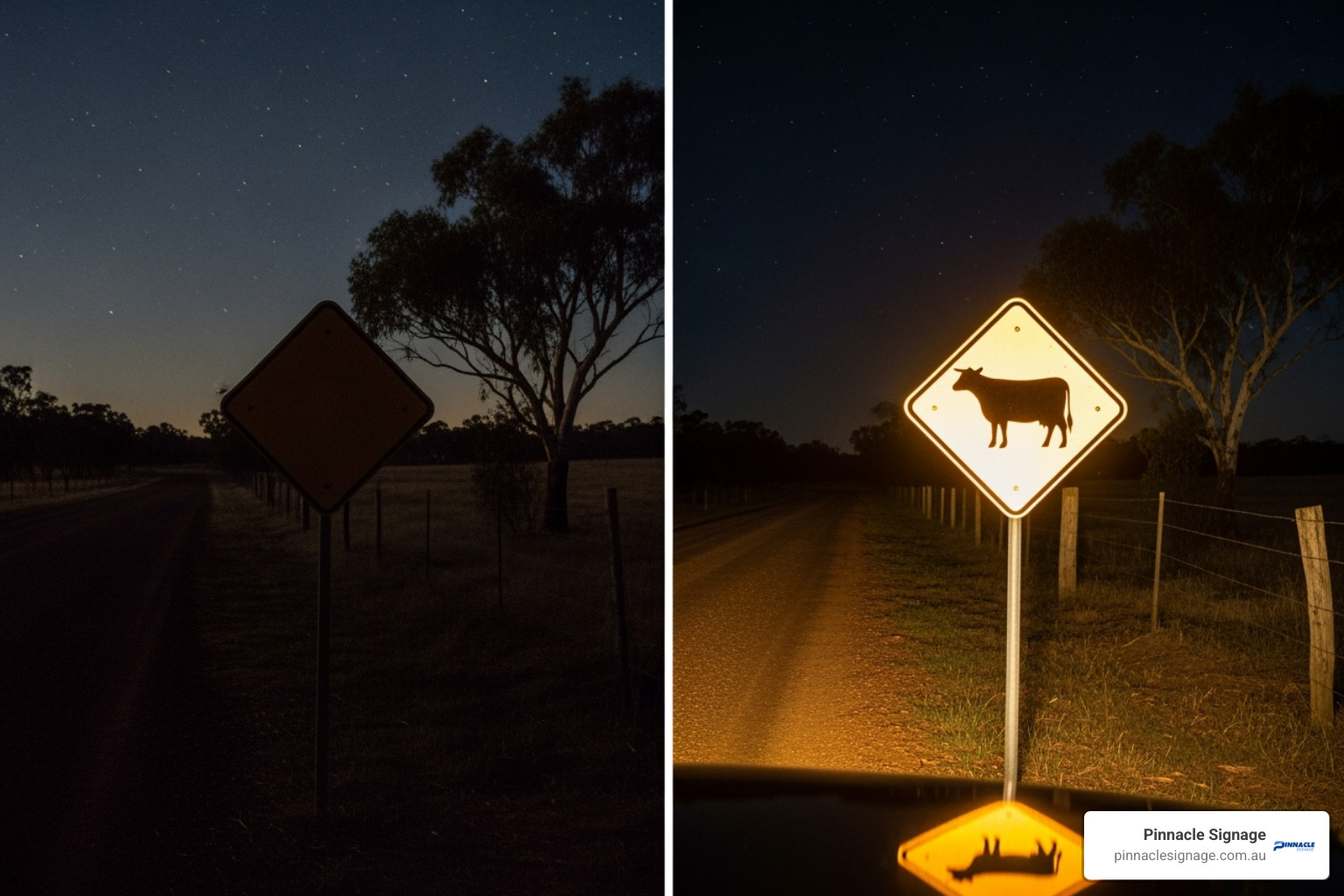 Image comparing a reflective stock crossing sign to a non-reflective one at night, showing the reflective sign glowing brightly - Livestock signage Image comparing a reflective stock crossing sign to a non-reflective one at night, showing the reflective sign glowing brightly - Livestock signage