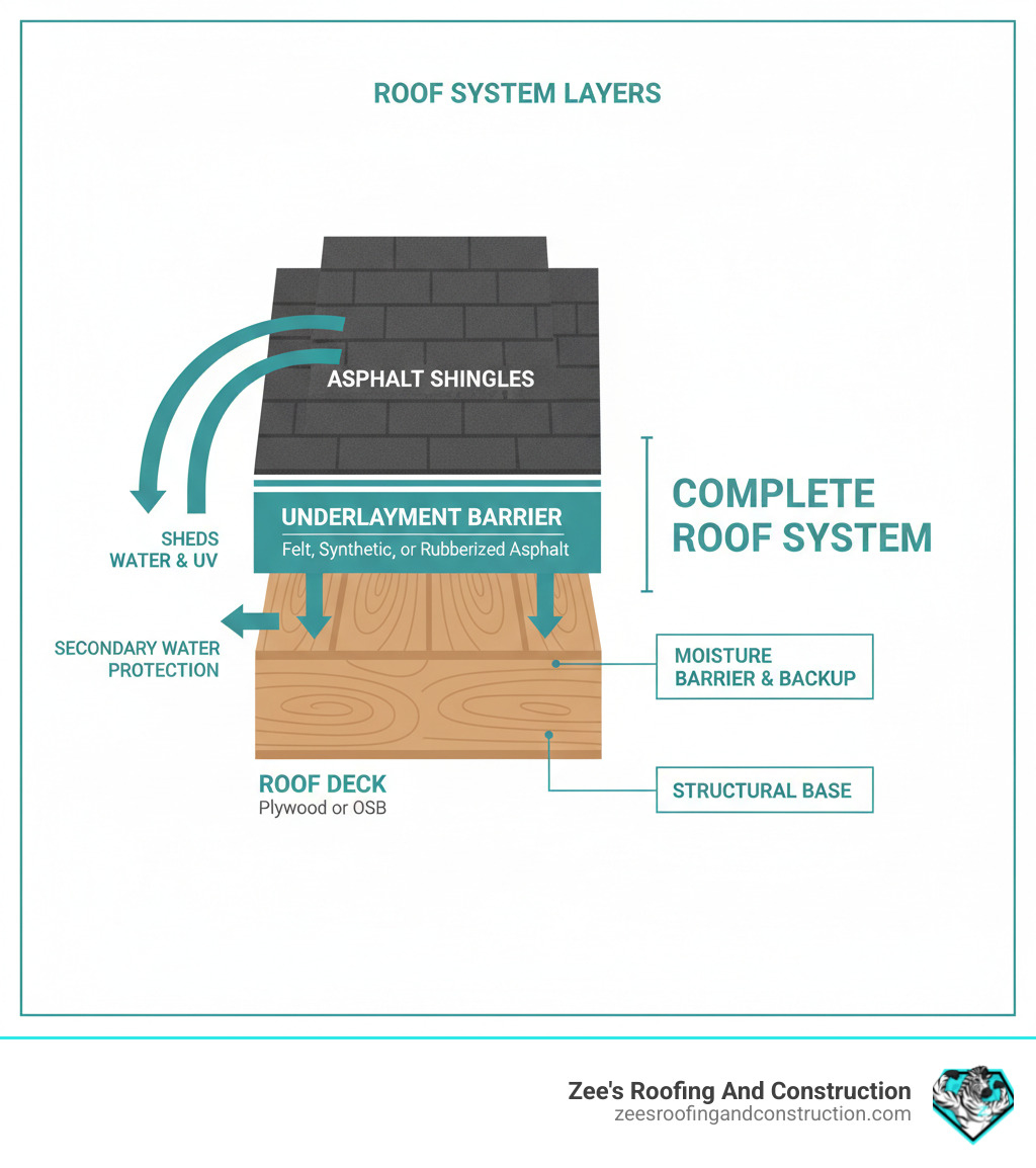 Infographic showing the complete roof system layers from bottom to top: roof deck (plywood or OSB), underlayment barrier (felt, synthetic, or rubberized asphalt), and asphalt shingles on top, with arrows indicating how water flows off each layer and labels explaining each layer's protective function - asphalt shingle underlayment infographic 