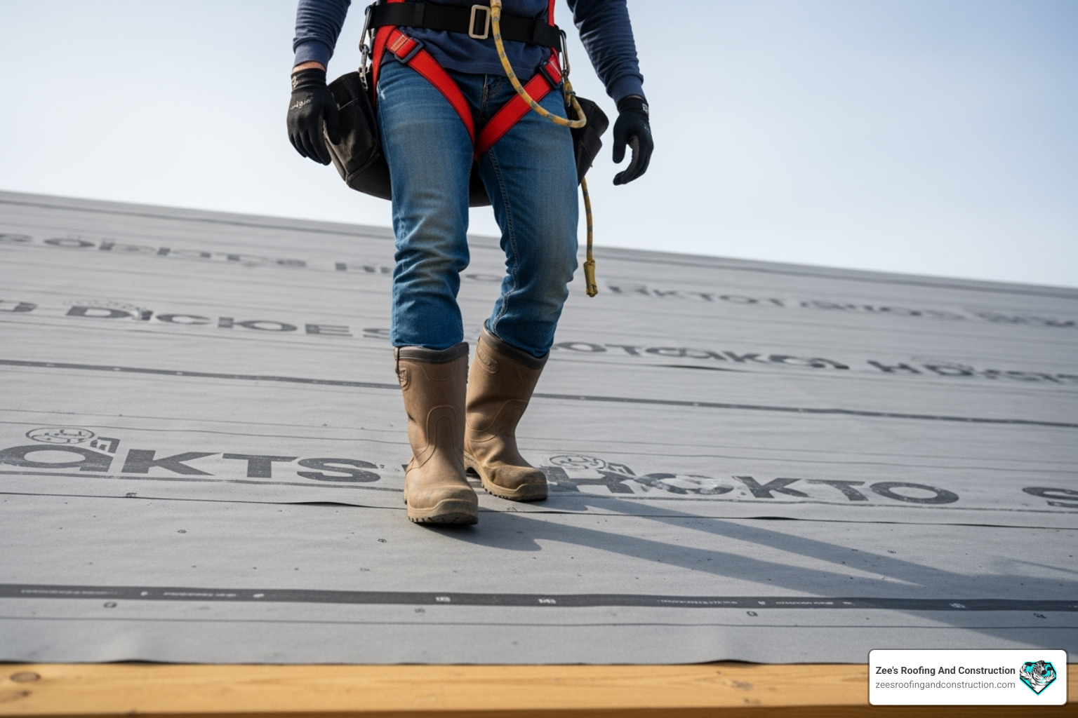 A roofer safely walking on non-skid synthetic underlayment installed on a roof deck, wearing appropriate safety gear - asphalt shingle underlayment