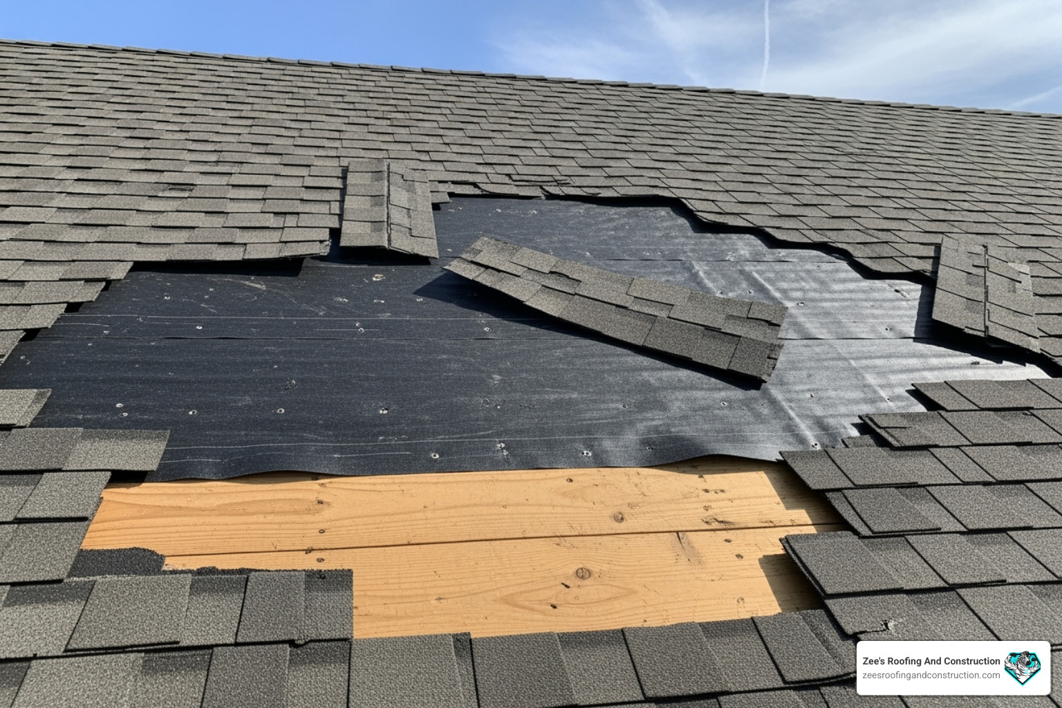 A roof with some missing shingles, revealing the asphalt shingle underlayment beneath protecting the wooden roof deck from the elements - asphalt shingle underlayment