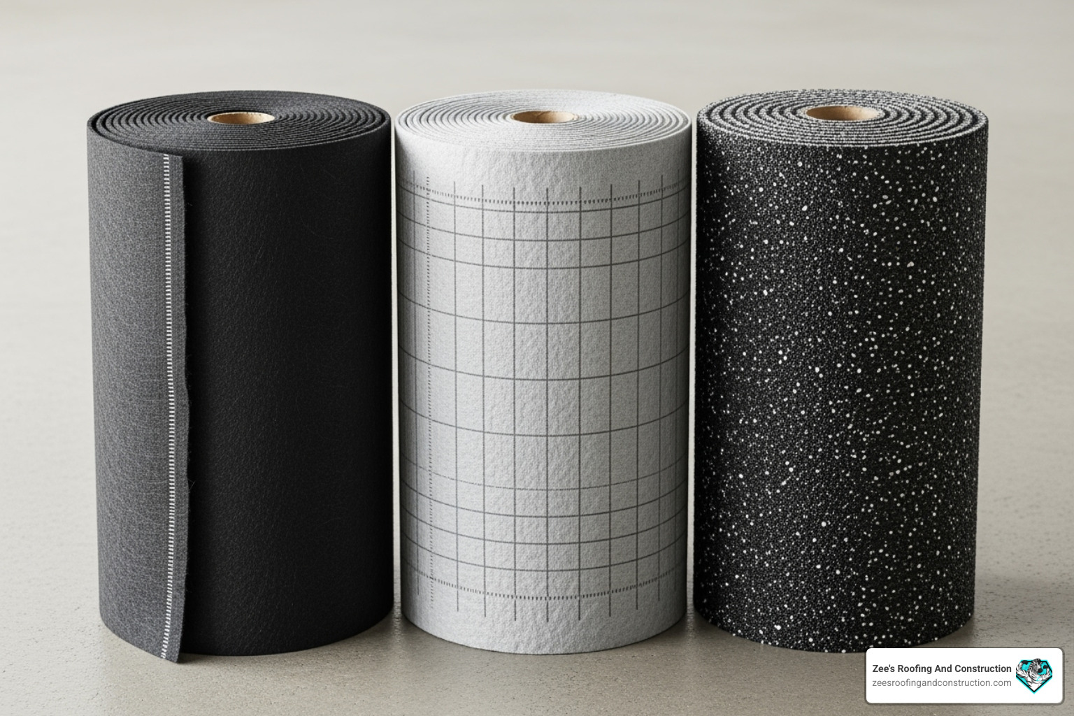 Three different rolls of asphalt shingle underlayment side-by-side, showcasing felt, synthetic, and rubberized asphalt materials - asphalt shingle underlayment