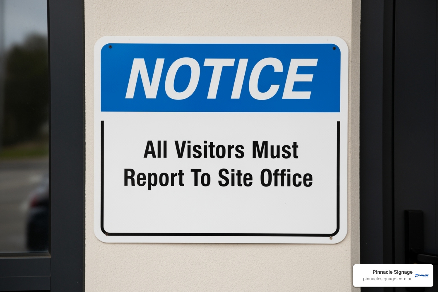 A mandatory entry notice sign advising all people visiting the premises must report to the site office for check-in.