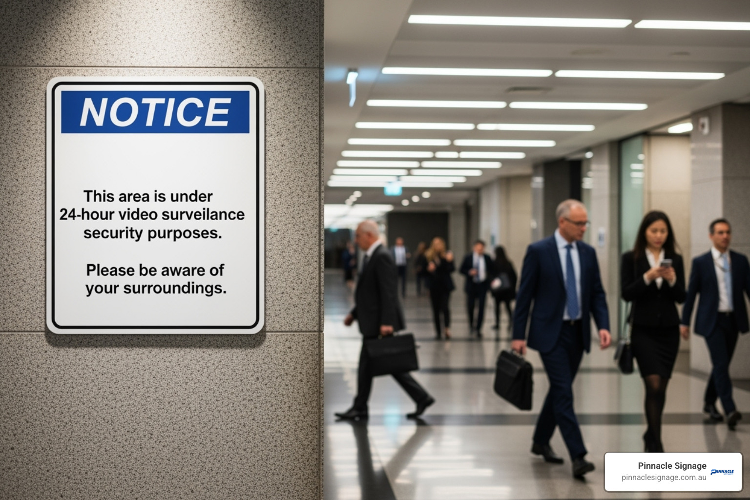 Notice sign in an office building advising people that the area is under 24-hour video surveillance for security purposes.