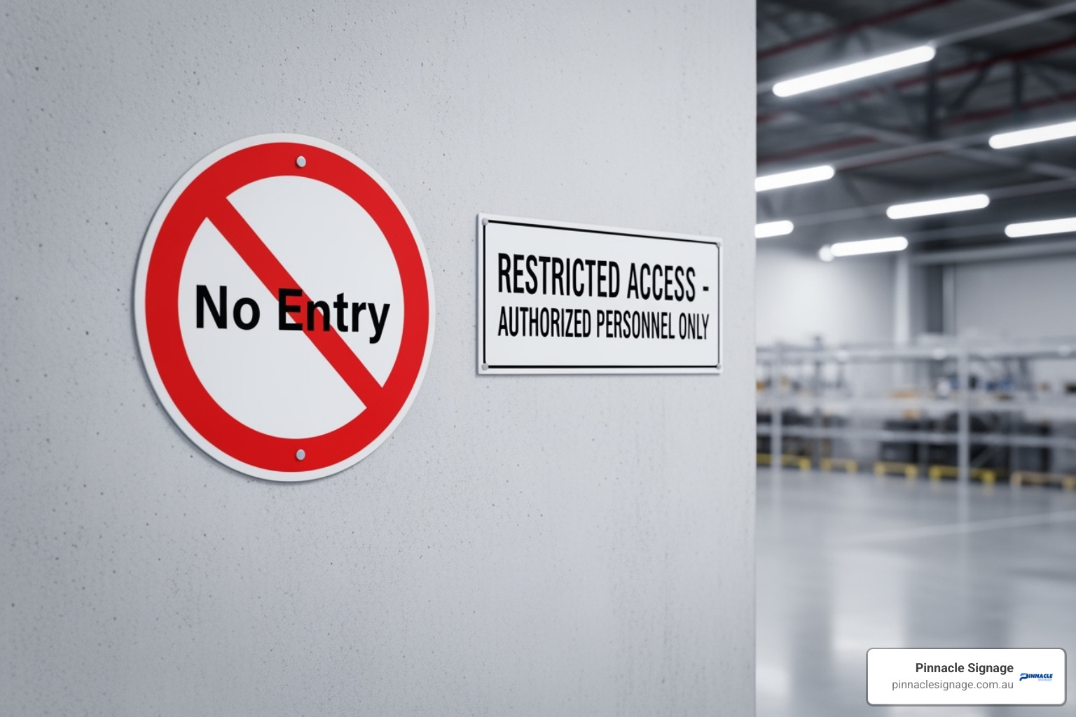 A standard 'No Entry' sign next to a custom branded 'Authorised Staff Only' sign in an Australian industrial setting - restricted area signage A standard 'No Entry' sign next to a custom branded 'Authorised Staff Only' sign in an Australian industrial setting - restricted area signage