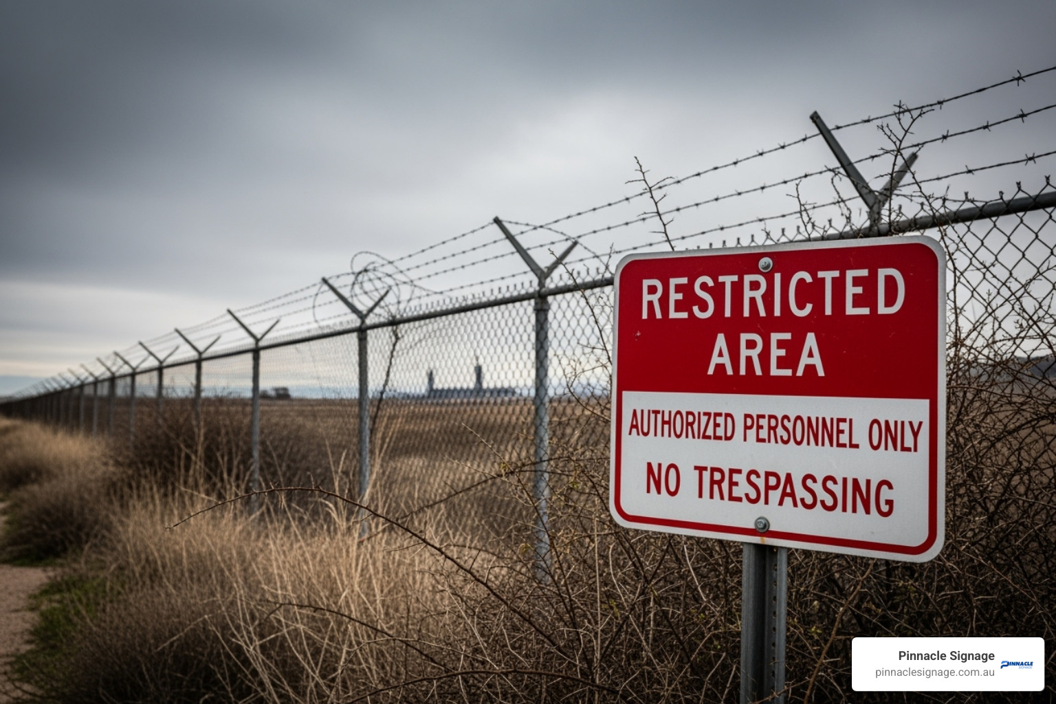Red and white restricted area signage with barbed wire fence, prohibiting access to unauthorised personnel and trespassers. Red and white restricted area signage with barbed wire fence, prohibiting access to unauthorised personnel and trespassers.