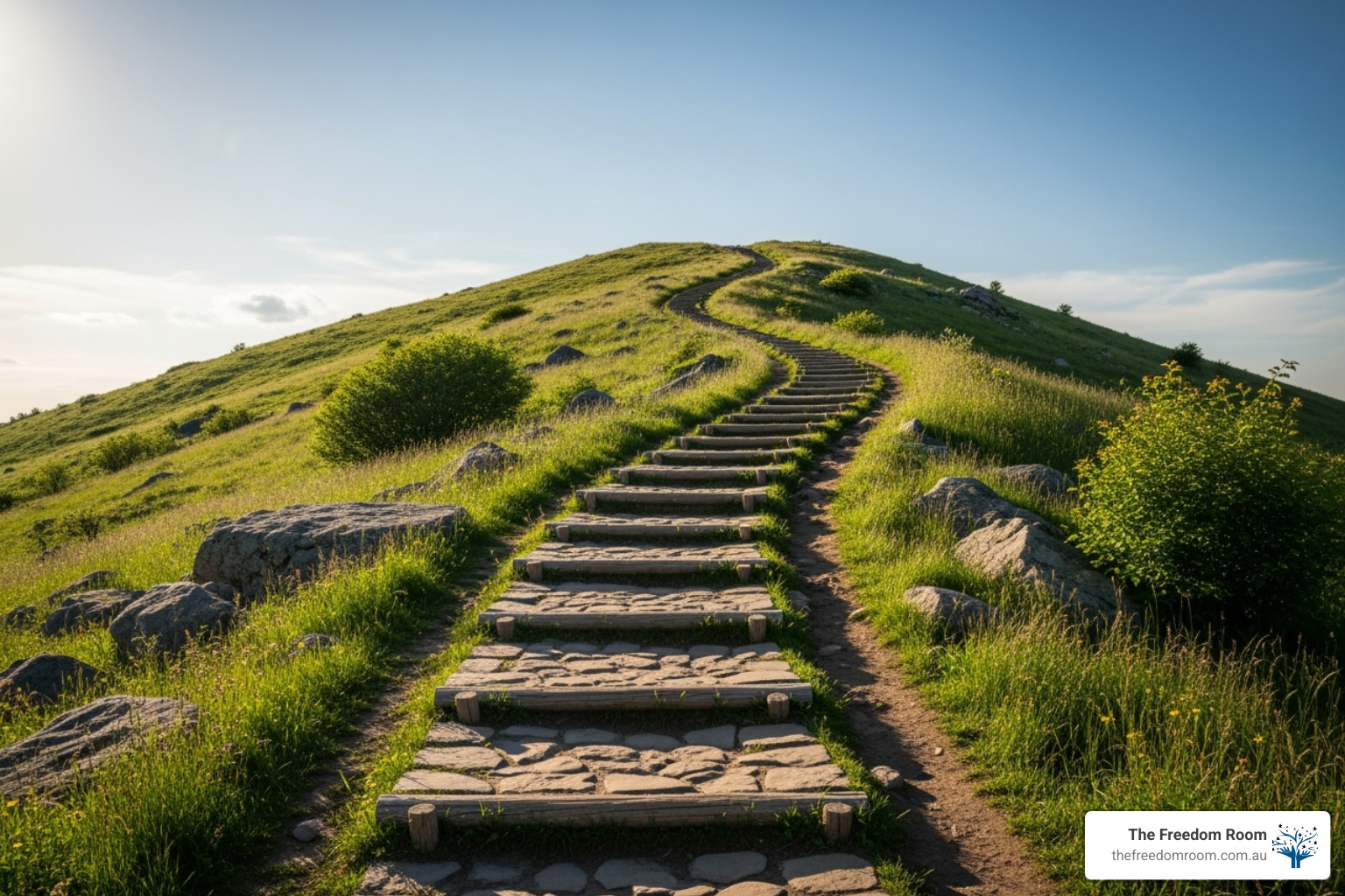 A winding path ascending a hill, with seven distinct steps marked along the way, symbolising the journey through the 7 stages of trauma healing - 7 stages of trauma healing