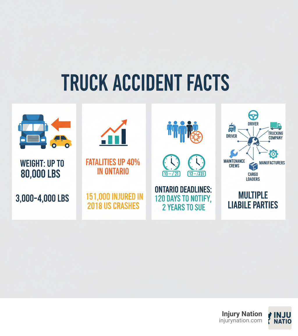 Infographic showing key truck accident facts: Commercial trucks weigh up to 80,000 pounds compared to 3,000-4,000 pounds for passenger vehicles; truck-related fatalities increased 40% in Ontario; 151,000 people injured in large truck crashes in 2018; victims have only 120 days to notify at-fault parties in Ontario and 2 years to file a lawsuit; multiple parties can be liable including driver, trucking company, maintenance crews, cargo loaders, and manufacturers - 18-wheeler accident attorney infographic 