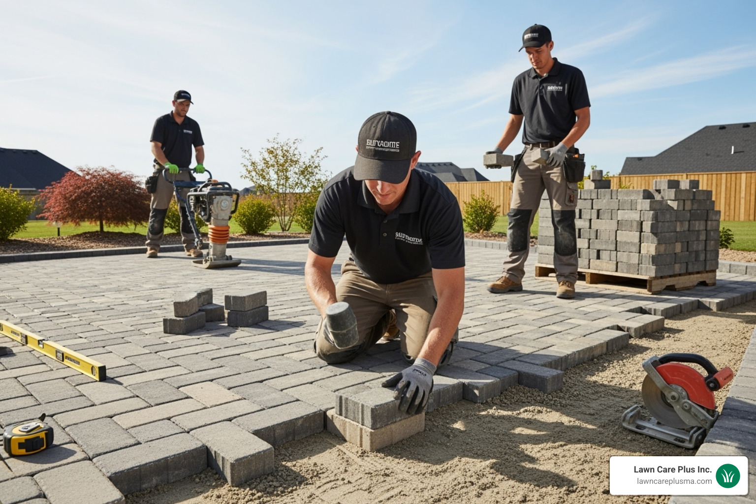 Professional hardscaping team meticulously laying interlocking pavers on a prepared base, demonstrating precision and expertise - patio paver installers near me