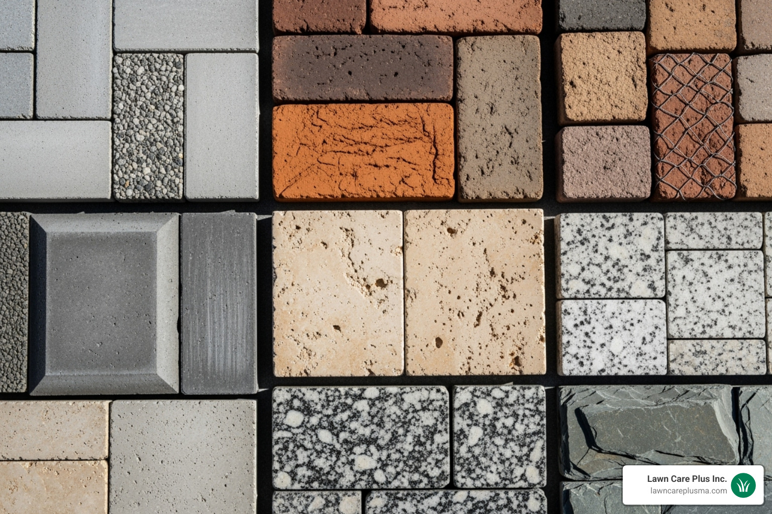 A close-up image showing samples of concrete pavers, brick pavers, and various natural stone pavers, highlighting their different textures, colors, and finishes - patio paver installers near me