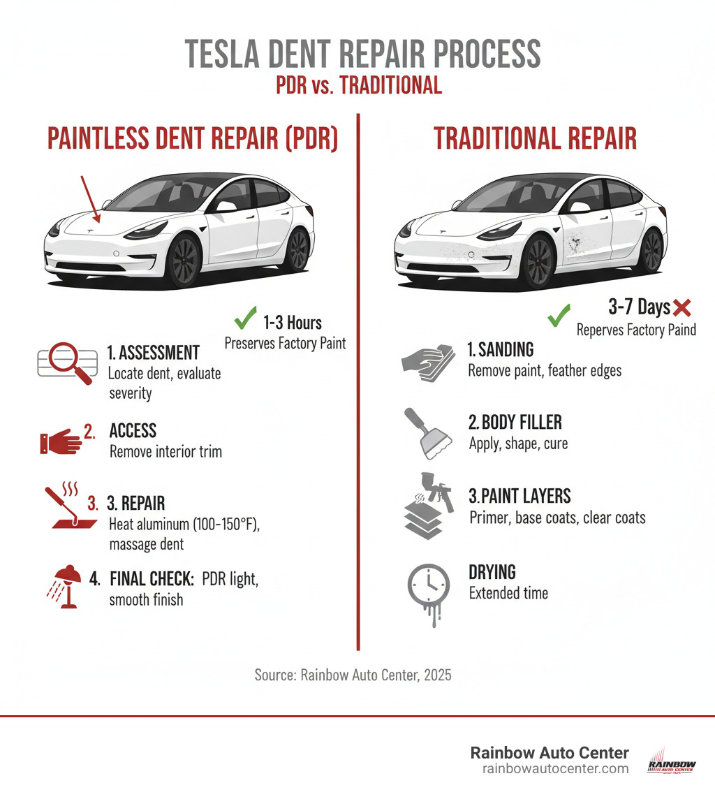 Infographic showing the paintless dent repair process for Tesla vehicles: Assessment of dent location and severity, Access panel from behind by removing interior trim or using existing openings, Specialized tools massage metal back to original shape while heating aluminum panels to 100-150°F for malleability, Final inspection with PDR light to ensure smooth finish, compared side-by-side with traditional repair showing sanding, body filler application, multiple paint layers, and extended drying time - paintless dent repair tesla infographic 