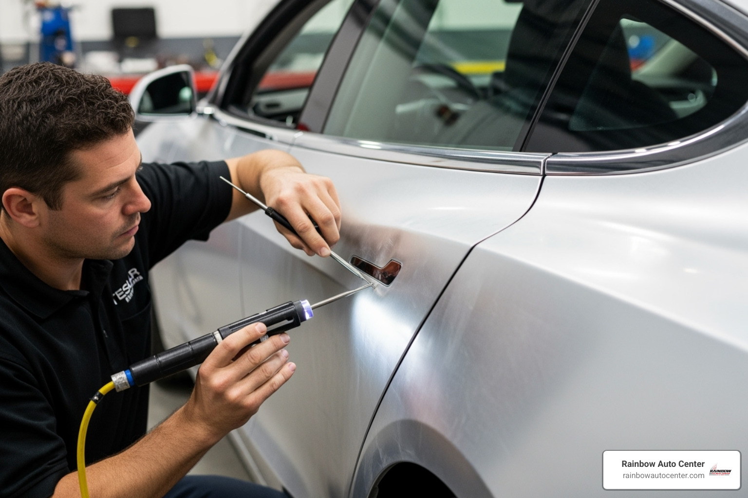 technician working on tesla aluminum panel - paintless dent repair tesla