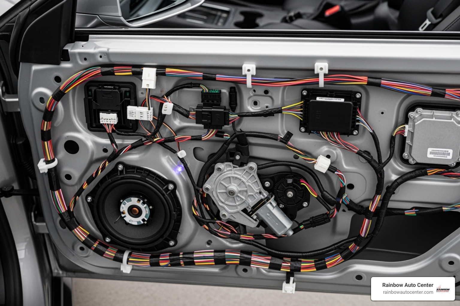 complex wiring inside a tesla door panel - paintless dent repair tesla