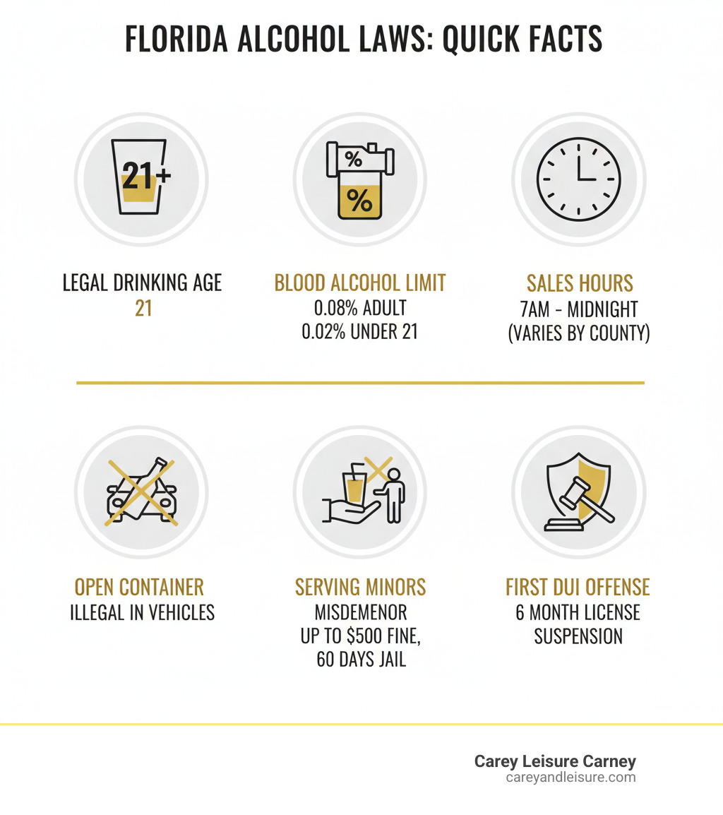Infographic showing Florida alcohol law basics: Legal Drinking Age 21, Standard BAC Limit 0.08 percent for adults and 0.02 percent for drivers under 21, alcohol sales generally 7am to midnight but varies by county, open containers illegal in vehicles, serving minors is a misdemeanor with fines up to 500 dollars and 60 days jail, first DUI carries 6 month license suspension - florida alcohol laws infographic 