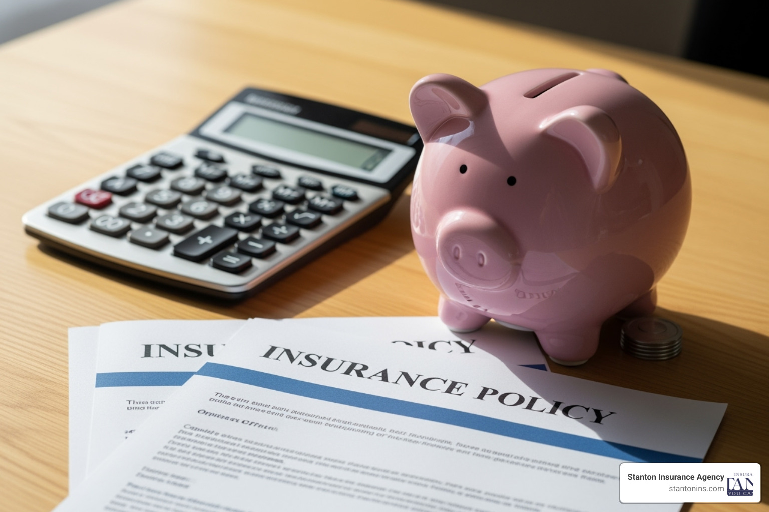 A calculator and a piggy bank next to an insurance policy document. - How to Cancel Car Insurance in Massachusetts A calculator and a piggy bank next to an insurance policy document. - How to Cancel Car Insurance in Massachusetts