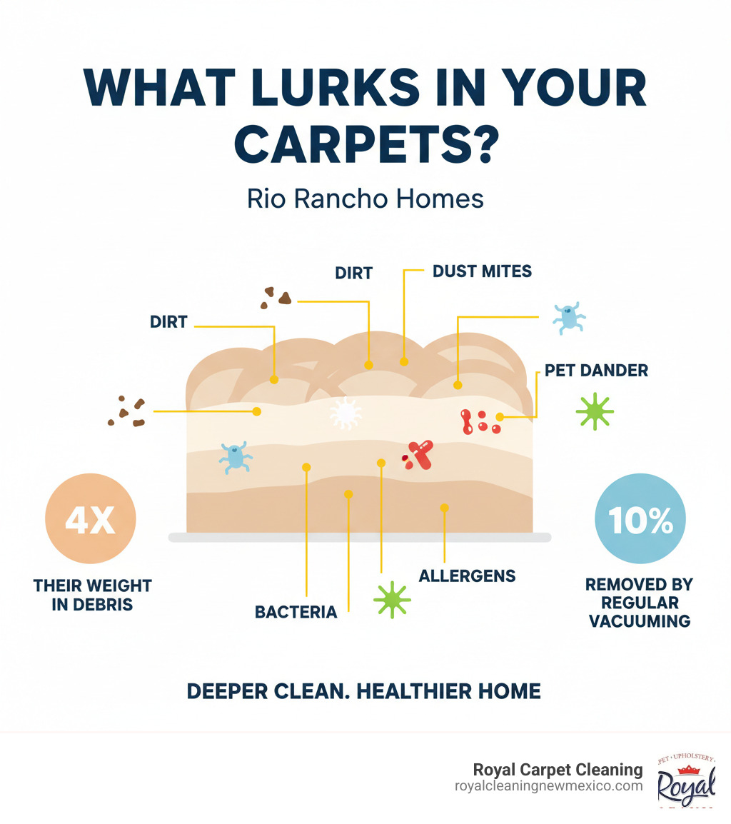 infographic showing layers of carpet with dirt, dust mites, pet dander, bacteria, and allergens accumulated in the fibers, with statistics showing carpets hold 4x their weight in debris and regular vacuuming removes only 10 percent - rio rancho carpet and upholstery cleaning infographic 