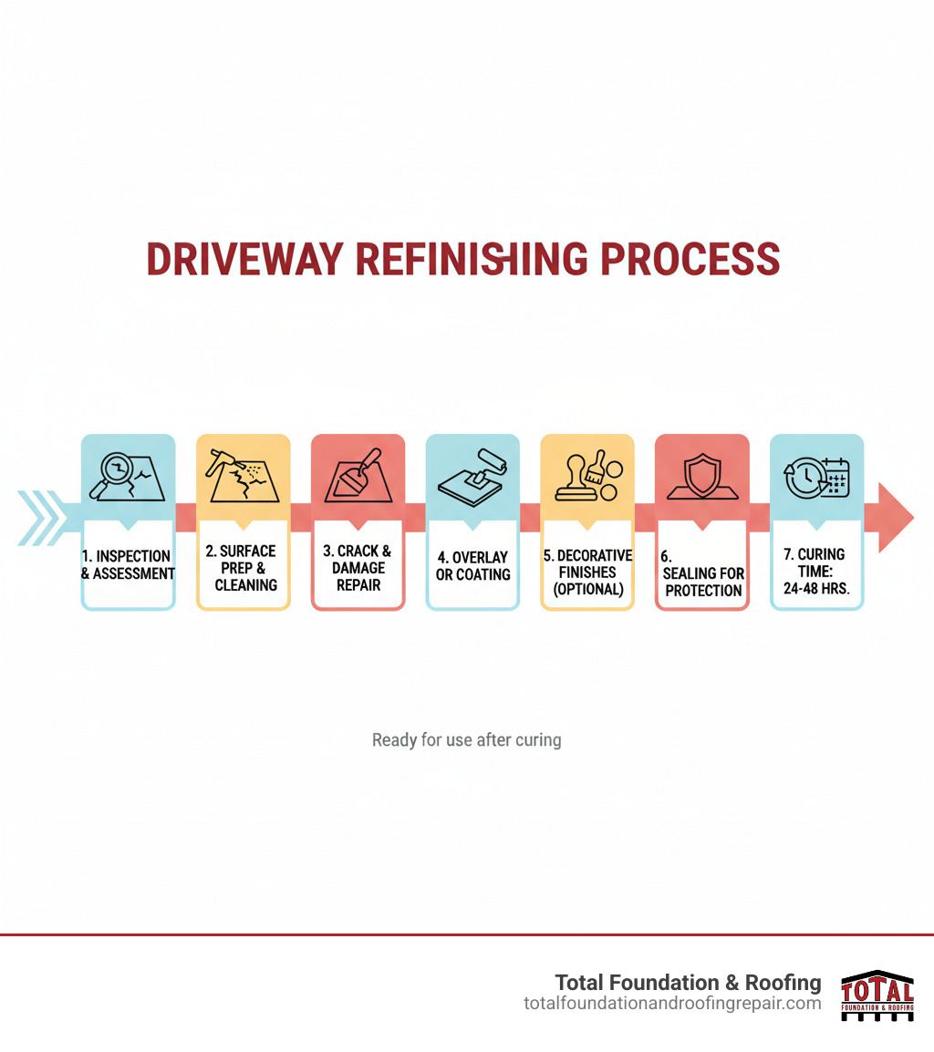 Infographic showing the driveway refinishing process: inspection and assessment, surface preparation and cleaning, crack and damage repair, application of concrete overlay or coating, adding decorative finishes (optional stamping, staining, or coloring), sealing for protection, and curing time of 24-48 hours before use - driveway refinishing near me infographic Infographic showing the driveway refinishing process: inspection and assessment, surface preparation and cleaning, crack and damage repair, application of concrete overlay or coating, adding decorative finishes (optional stamping, staining, or coloring), sealing for protection, and curing time of 24-48 hours before use - driveway refinishing near me infographic