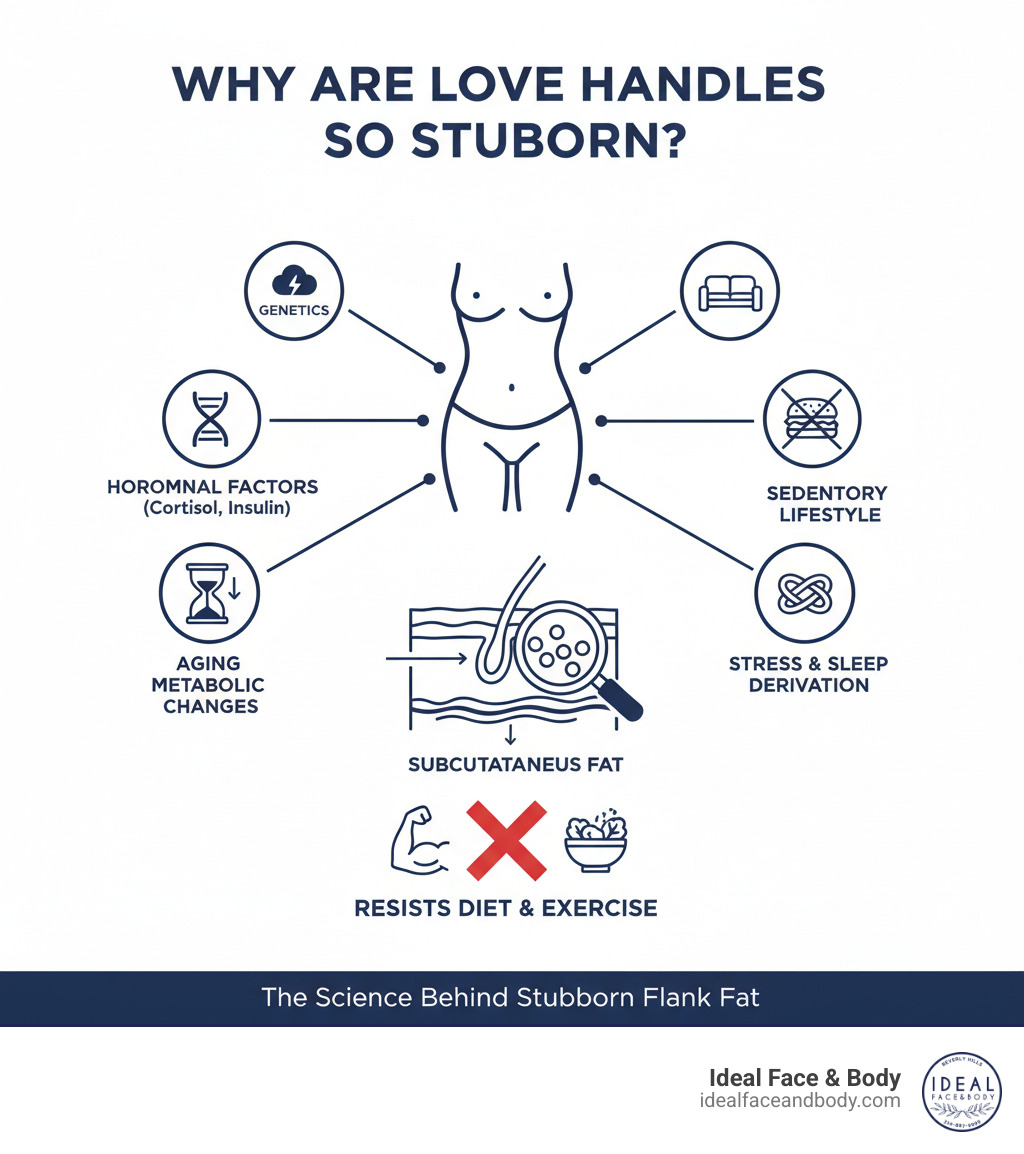 Infographic showing the causes of stubborn love handles including genetics, hormonal factors like cortisol and insulin, aging-related metabolic changes, sedentary lifestyle, poor diet, stress, and sleep deprivation, with a visual explanation of why subcutaneous fat in the flank area resists traditional diet and exercise efforts - love handles liposuction infographic Infographic showing the causes of stubborn love handles including genetics, hormonal factors like cortisol and insulin, aging-related metabolic changes, sedentary lifestyle, poor diet, stress, and sleep deprivation, with a visual explanation of why subcutaneous fat in the flank area resists traditional diet and exercise efforts - love handles liposuction infographic