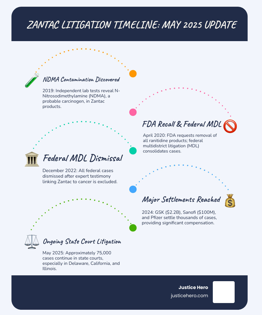 Infographic showing the Zantac litigation timeline from 2019 discovery of NDMA contamination through April 2020 FDA recall, consolidation into federal MDL in 2020, December 2022 federal dismissal, major settlements by GSK Sanofi and Pfizer in 2024, and ongoing state court litigation through May 2025 with approximately 75,000 active cases - zantac lawsuit update may 2025 infographic infographic-line-5-steps-blues-accent_colors