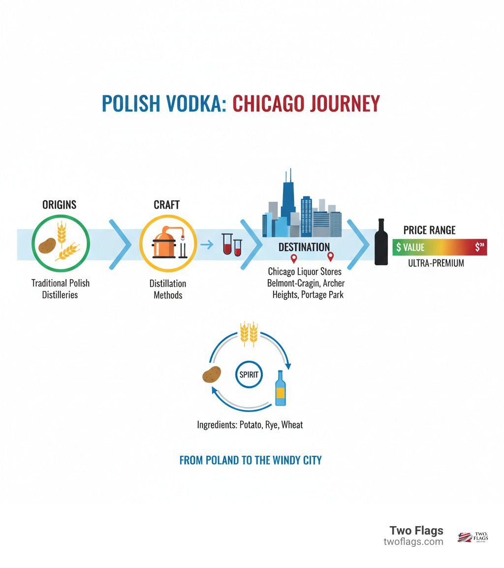 Infographic showing the journey of Polish vodka from traditional Polish distilleries using potato, rye, and wheat ingredients through distillation methods to bottles available at Chicago liquor stores in neighborhoods like Belmont-Cragin, Archer Heights, and Portage Park, with price ranges from value to ultra-premium - Polish vodka Chicago infographic 