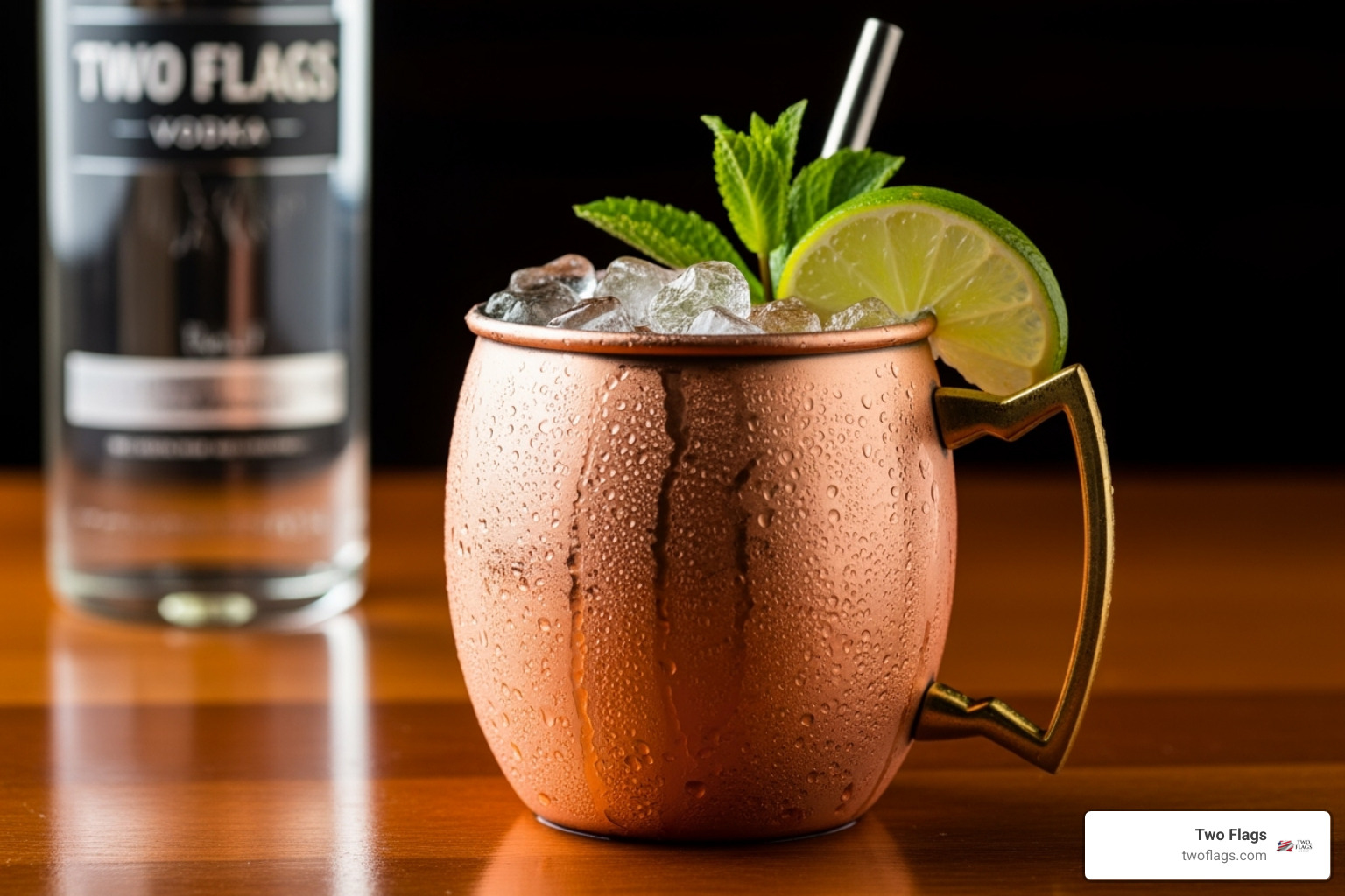 A vibrant Polish Mule cocktail in a copper mug, garnished with lime and mint, with a Two Flags Vodka bottle subtly in the background - Polish vodka Chicago