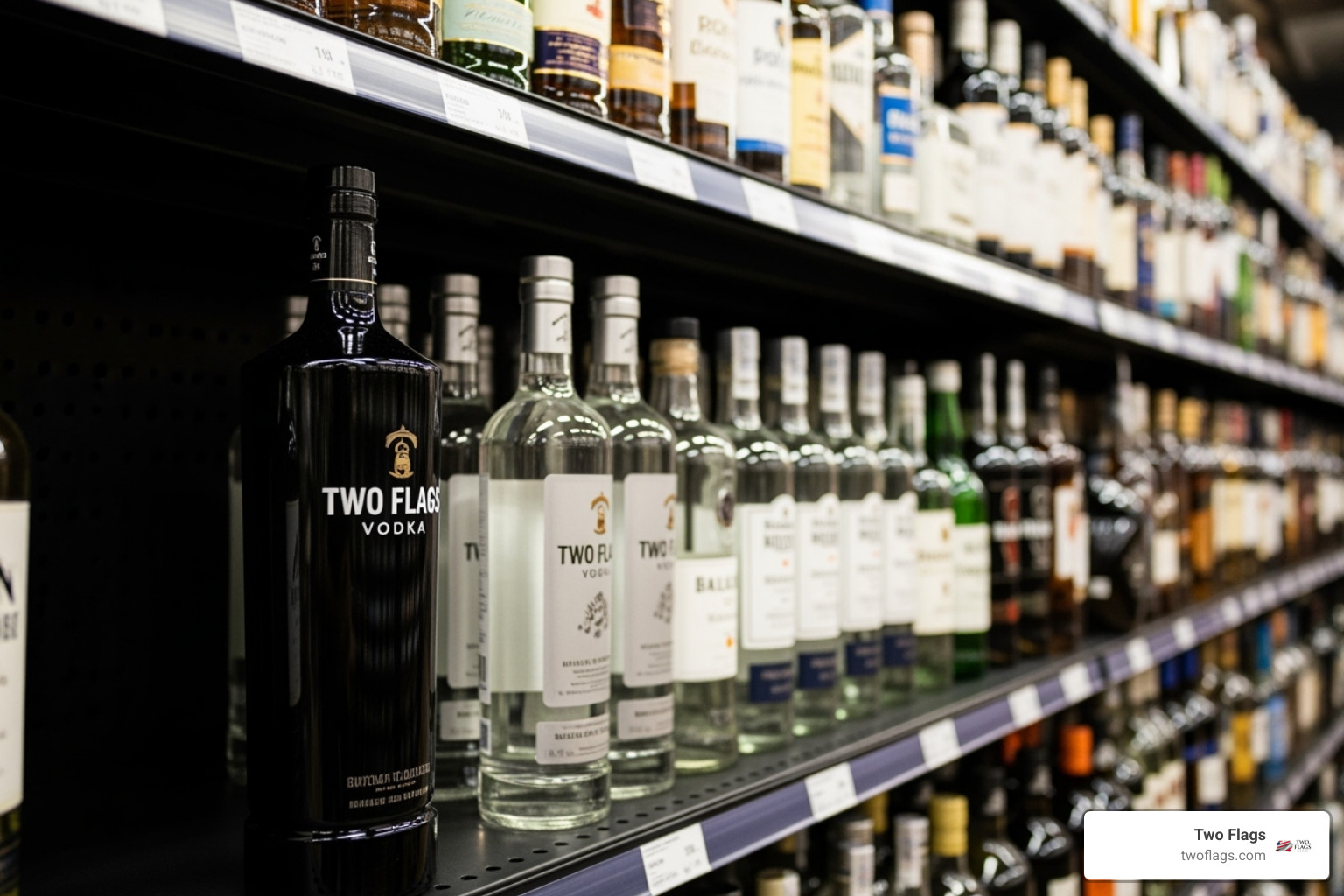 A well-stocked liquor store aisle featuring premium spirits, including a Two Flags Vodka bottle prominently displayed - Polish vodka Chicago