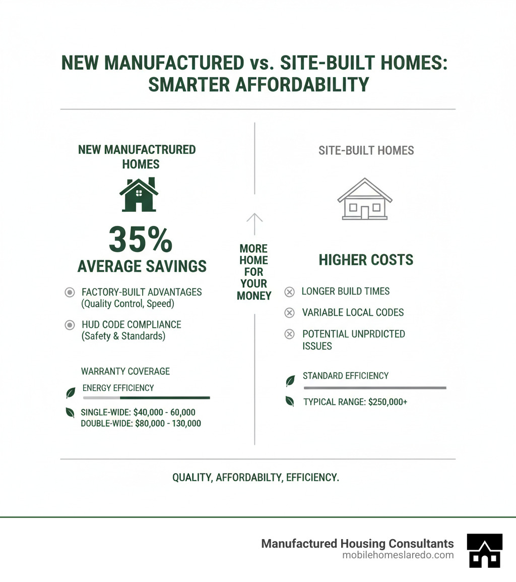 Infographic comparing costs and benefits of new manufactured homes versus site-built homes, showing 35% average savings, factory construction advantages, HUD code compliance, warranty coverage, energy efficiency ratings, and typical price ranges for single-wide ($40,000-$60,000) and double-wide ($80,000-$130,000) homes - cheap new mobile homes for sale near me infographic Infographic comparing costs and benefits of new manufactured homes versus site-built homes, showing 35% average savings, factory construction advantages, HUD code compliance, warranty coverage, energy efficiency ratings, and typical price ranges for single-wide ($40,000-$60,000) and double-wide ($80,000-$130,000) homes - cheap new mobile homes for sale near me infographic