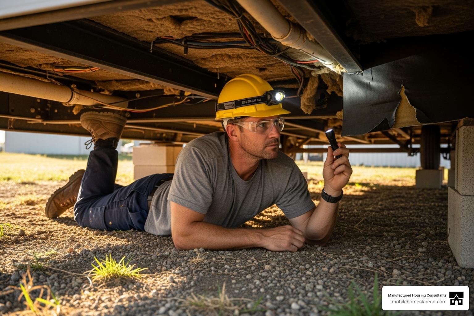 home inspector examining the underbelly of a mobile home - repo mobile homes home inspector examining the underbelly of a mobile home - repo mobile homes