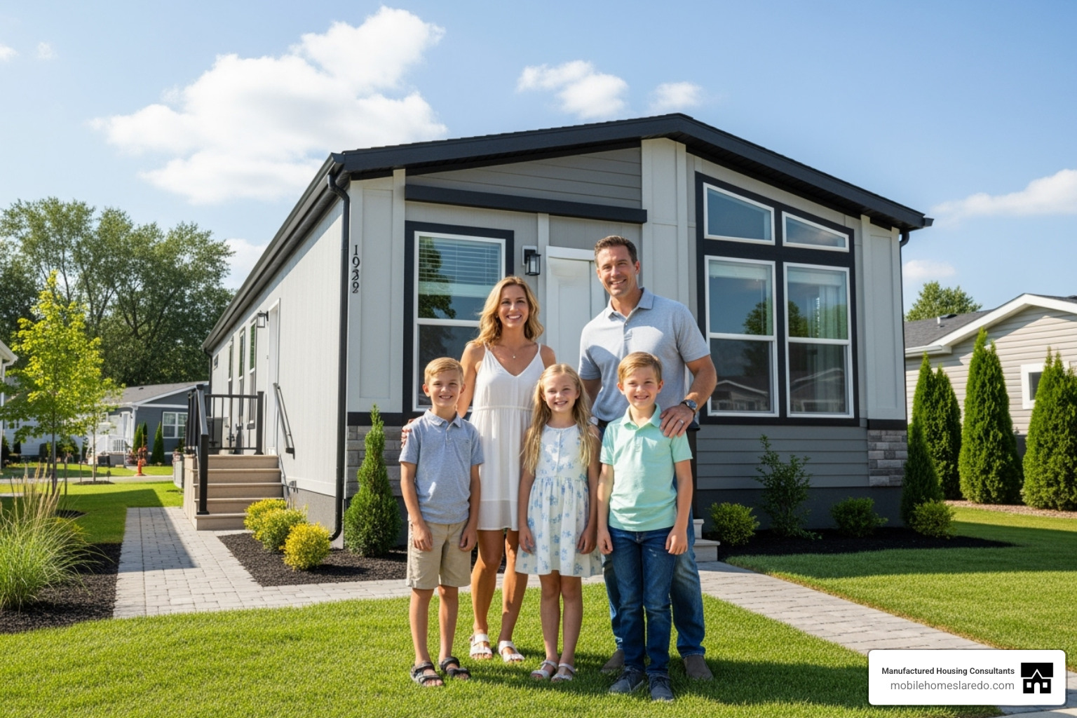 happy family in front of their mobile home - repo mobile homes happy family in front of their mobile home - repo mobile homes