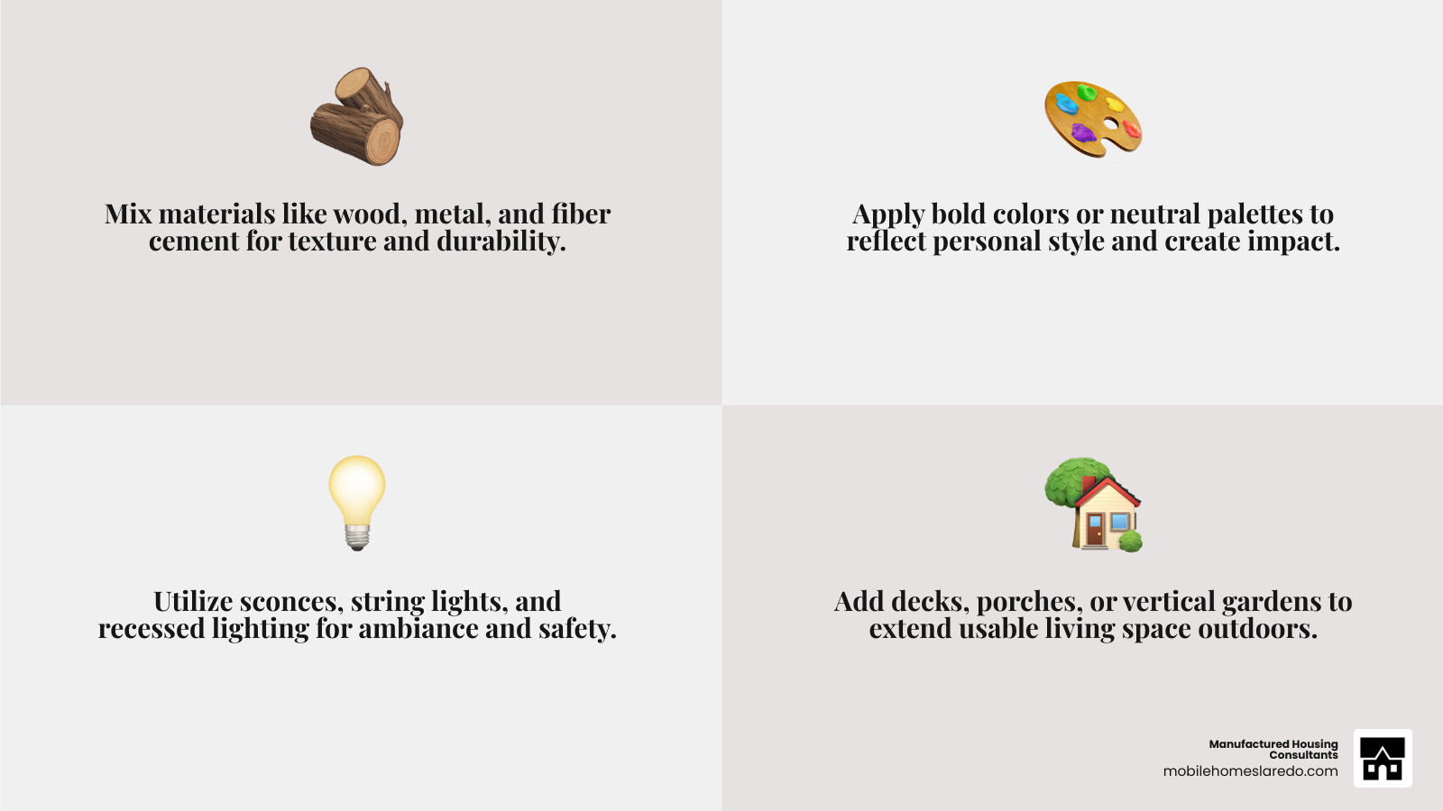 Infographic showing four key pillars of tiny home exterior design: 1) Materials - wood, metal, fiber cement with cost ranges, 2) Color Strategy - bold vs neutral palettes with visual examples, 3) Lighting Solutions - sconces, string lights, recessed lighting for ambiance and safety, 4) Outdoor Spaces - decks, porches, and vertical gardens that extend living area - tiny home exterior ideas infographic 4_facts_emoji_grey
