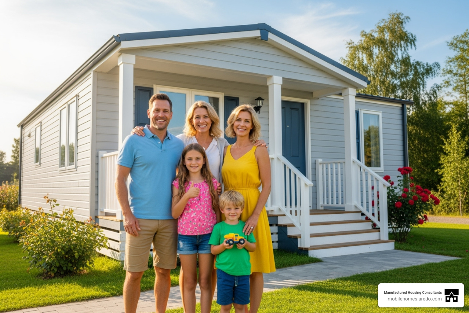 Family standing happily in front of their new mobile home - 3 bedroom 2 bath single wide mobile home