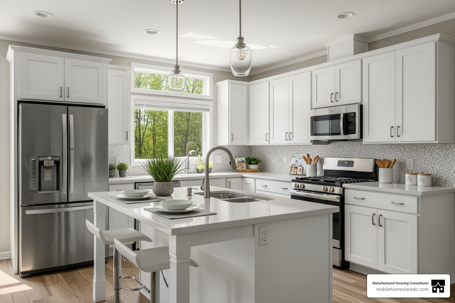 Modern mobile home kitchen with a large island - 3 bedroom 2 bath single wide mobile home