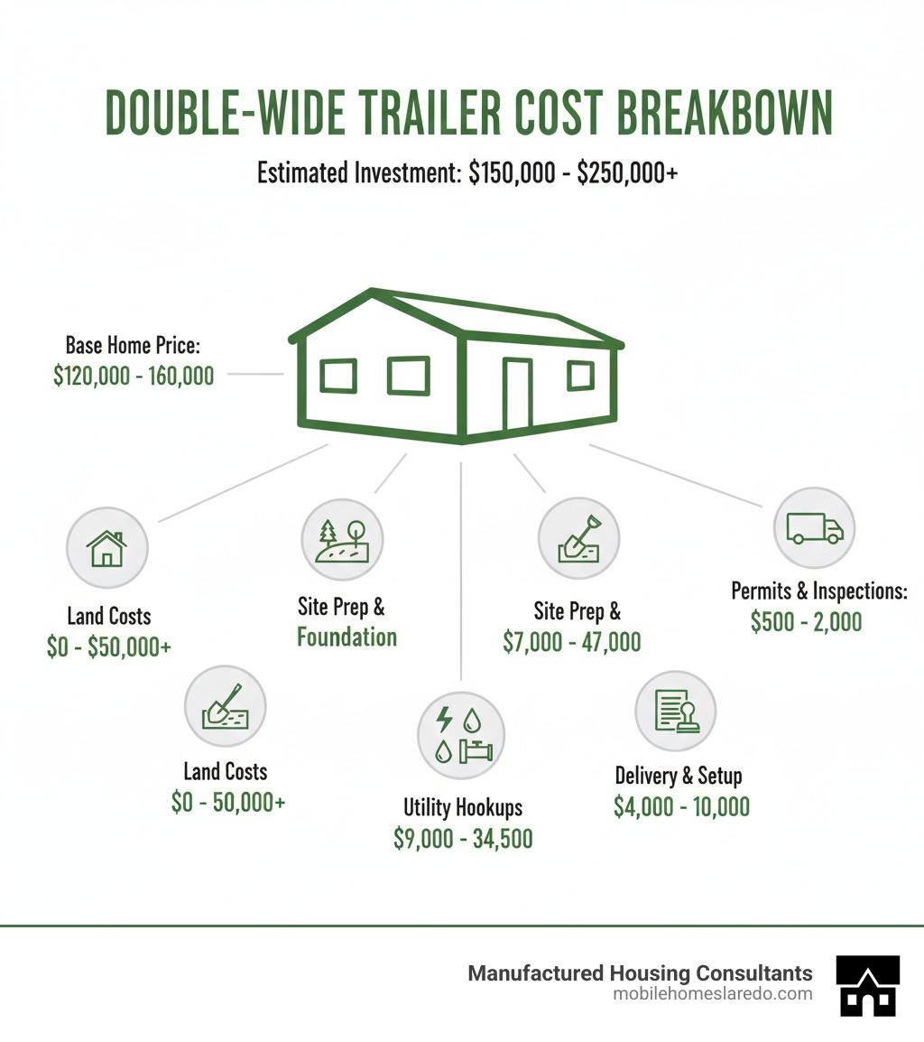 Infographic showing the complete cost breakdown of a double-wide trailer: Base home price ($120,000-$160,000), Land costs ($0-$50,000+), Site preparation and foundation ($7,000-$47,000), Utility hookups for electricity, water, and sewer ($9,000-$34,500), Permits and inspections ($500-$2,000), Delivery and setup ($4,000-$10,000), with total estimated investment of $150,000-$250,000+ - how much does double wide trailer cost infographic Infographic showing the complete cost breakdown of a double-wide trailer: Base home price ($120,000-$160,000), Land costs ($0-$50,000+), Site preparation and foundation ($7,000-$47,000), Utility hookups for electricity, water, and sewer ($9,000-$34,500), Permits and inspections ($500-$2,000), Delivery and setup ($4,000-$10,000), with total estimated investment of $150,000-$250,000+ - how much does double wide trailer cost infographic