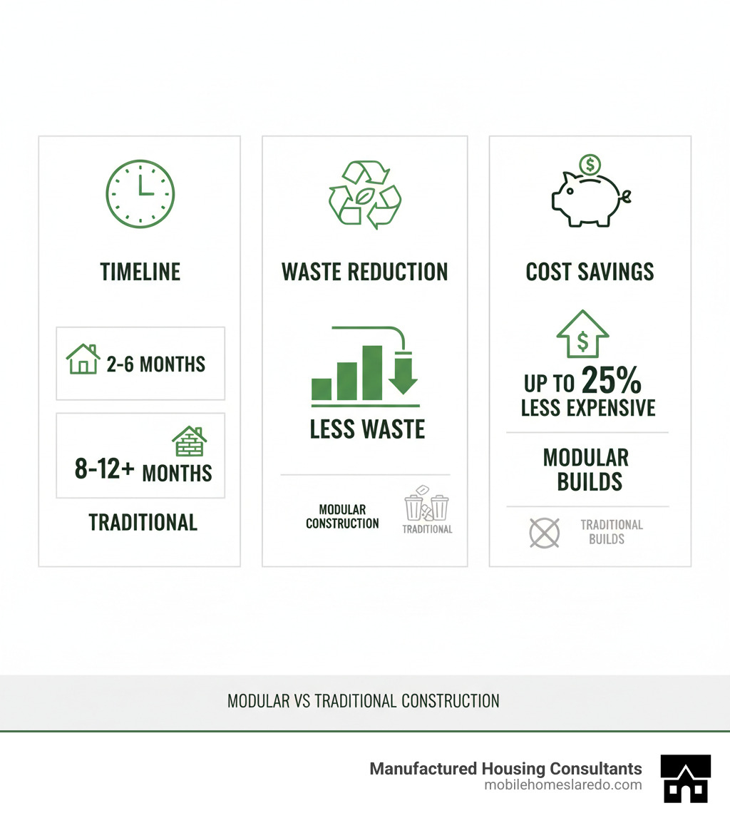 infographic showing modular vs traditional construction comparison with three columns: Timeline (2-6 months modular vs 8-12+ months traditional), Waste Reduction (50% less waste with modular construction), and Cost Savings (up to 25% less expensive than traditional builds) - unique modular home designs infographic 