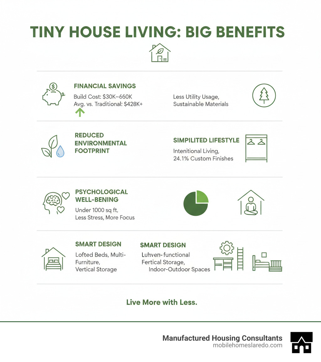 Infographic showing the key benefits of tiny house living: Financial savings of $30,000-$60,000 average build cost vs $428,215 for traditional homes, reduced environmental footprint through smaller utility usage and sustainable materials, simplified lifestyle with 24.1% of costs in customizable interior finishes, psychological benefits of intentional living in under 1,000 square feet, and smart design features including lofted beds, multi-functional furniture, vertical storage, and indoor-outdoor living spaces - creative tiny home designs infographic 