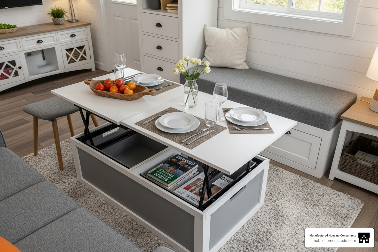 Living area with coffee table that converts into dining table - creative tiny home designs