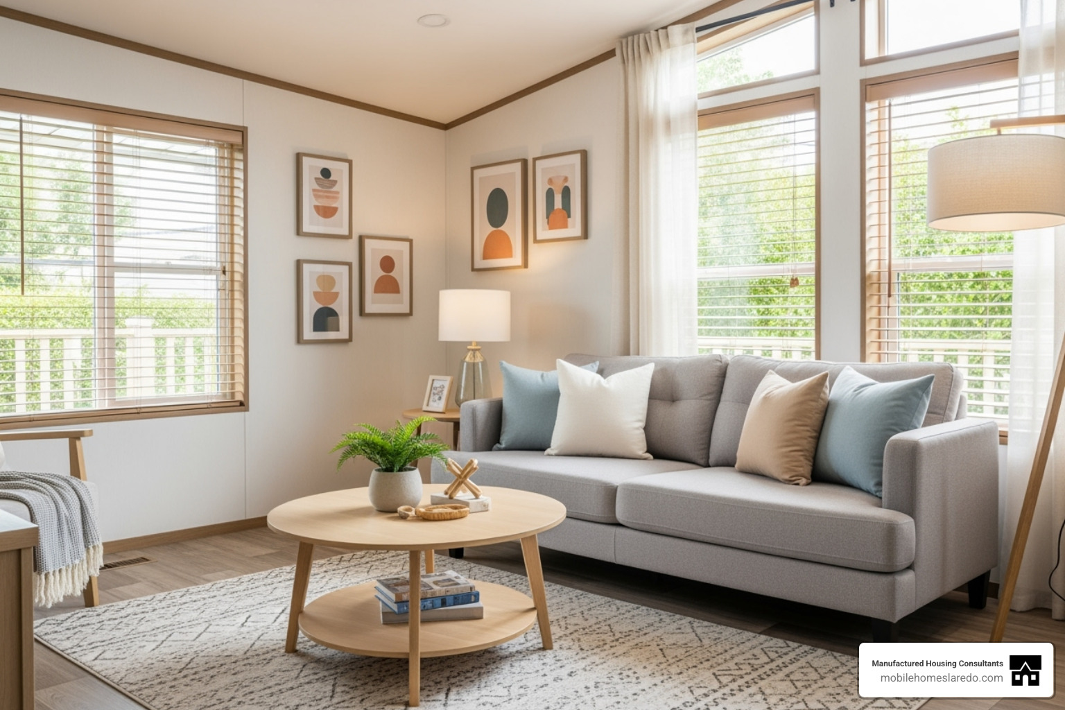 beautifully staged and decluttered living room in a manufactured home - sell manufactured home