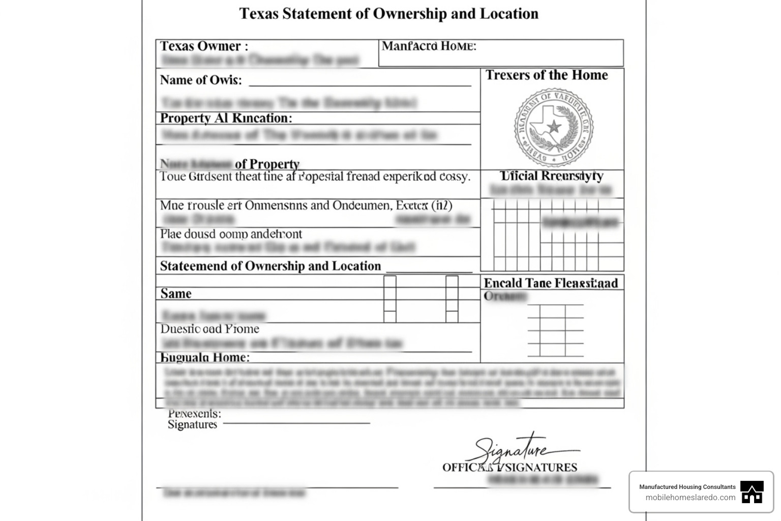 sample Texas Statement of Ownership and Location for a manufactured home - sell manufactured home