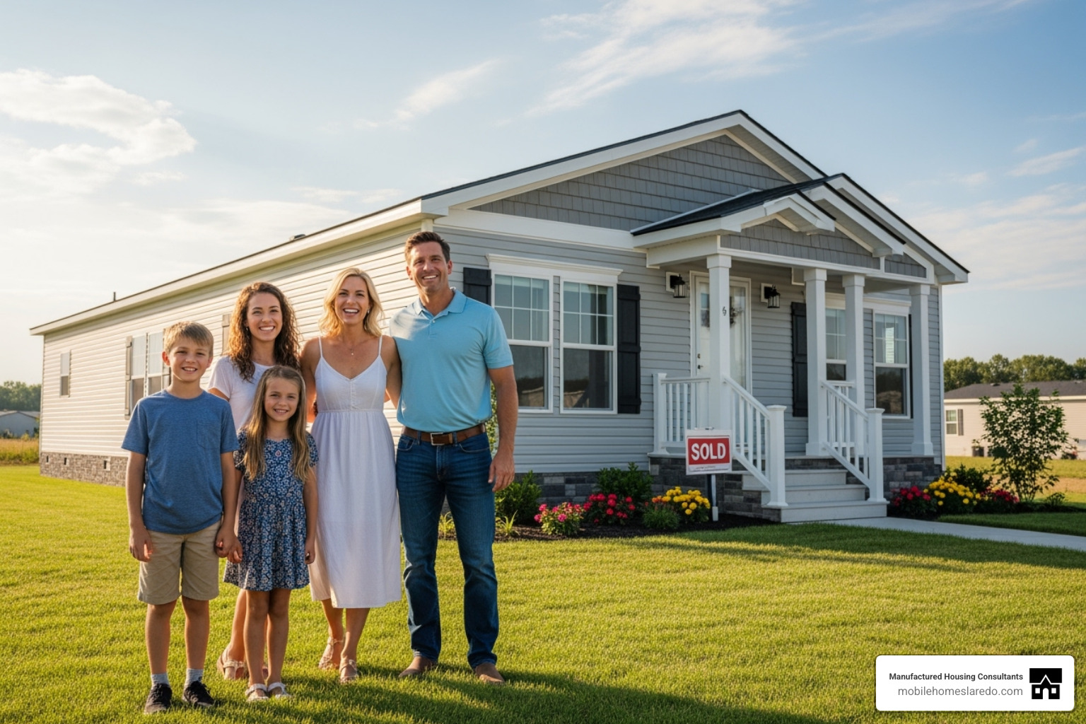 image of a family standing happily in front of their new mobile home - mobile homes for sale in Texas