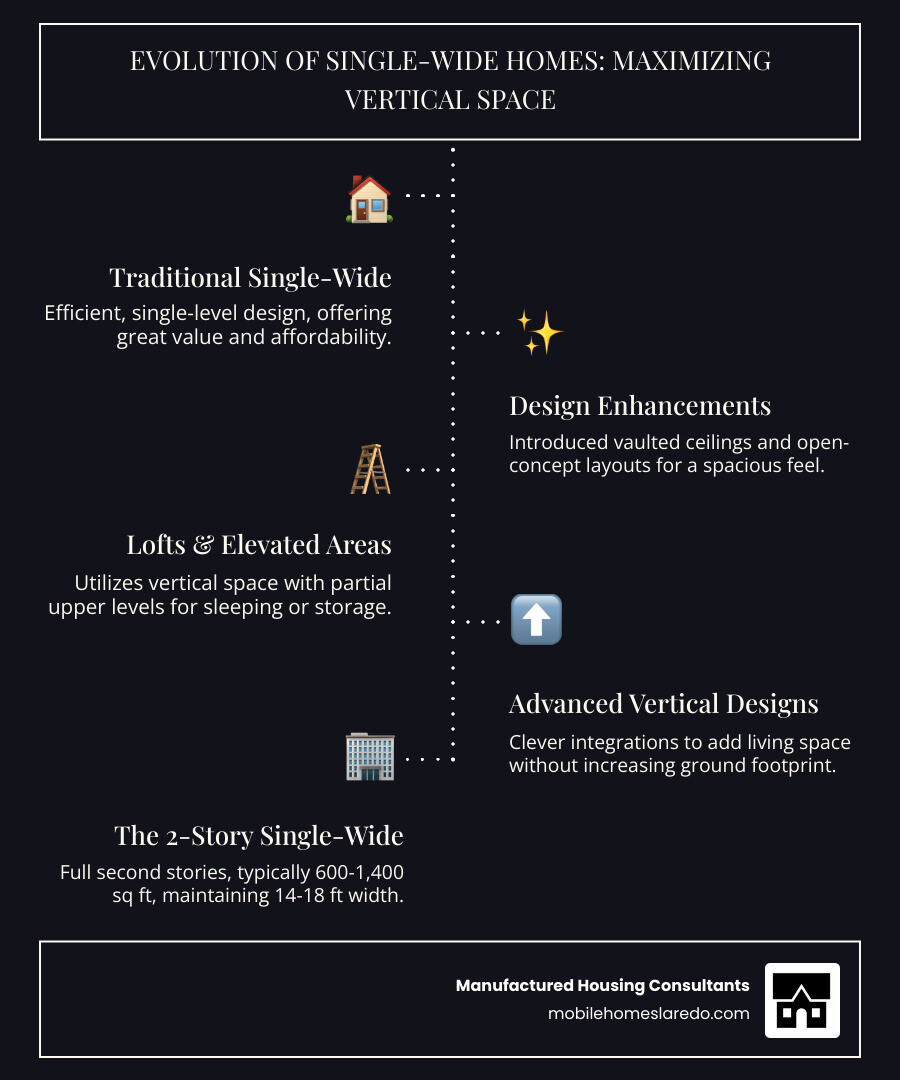 Infographic showing the evolution of single-wide mobile homes from traditional single-story layouts to modern designs with lofts, vaulted ceilings, and full second stories, including average square footage comparisons and typical cost ranges - 2 story single wide mobile home infographic infographic-line-5-steps-dark