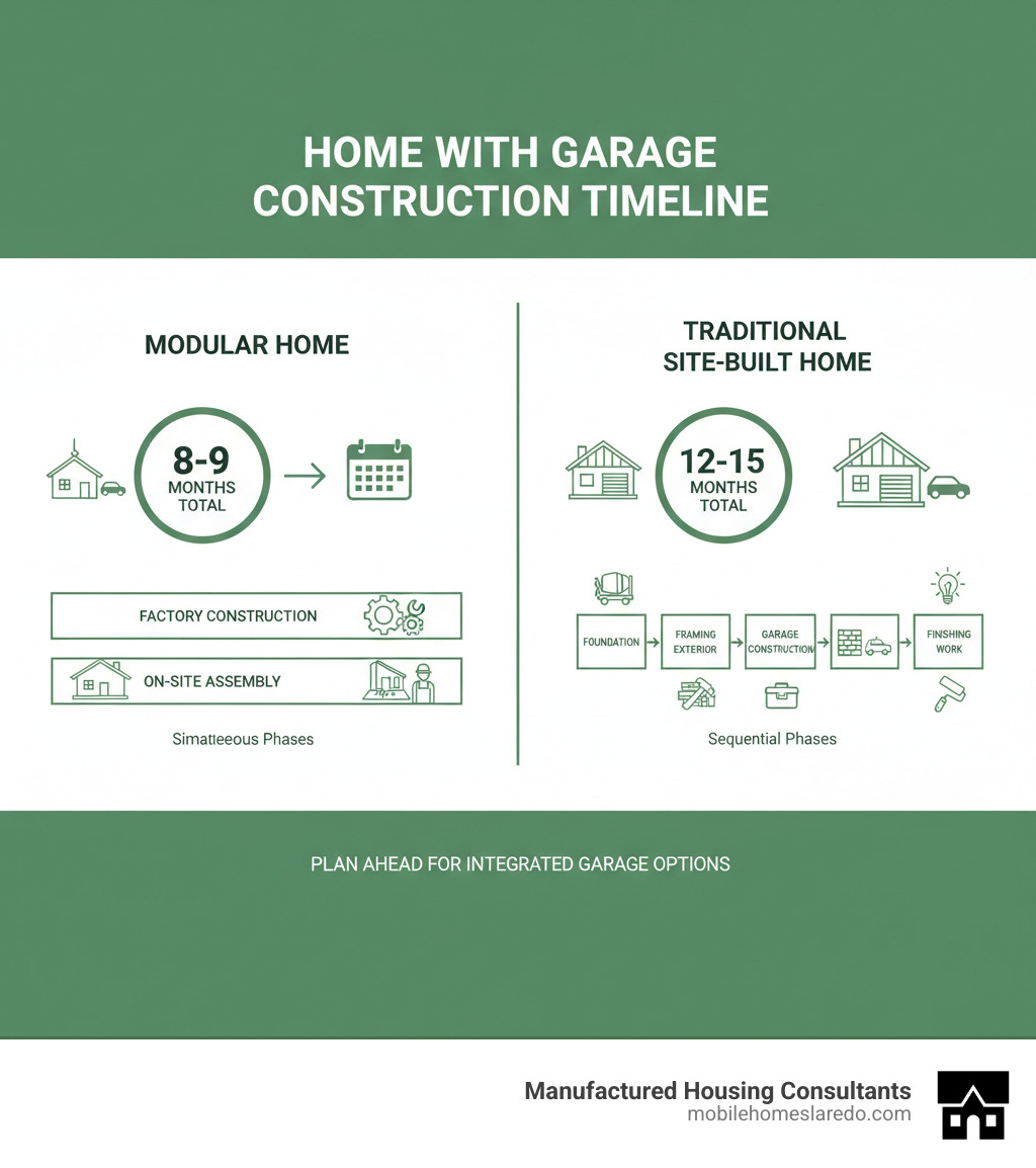 Infographic comparing modular home with garage construction timeline versus traditional site-built home with garage: Modular home shows 8-9 months total with factory construction and on-site assembly happening simultaneously, while traditional site-built shows 12-15 months with sequential construction phases including foundation, framing, exterior, garage construction, and finishing work - do modular homes come with garages infographic Infographic comparing modular home with garage construction timeline versus traditional site-built home with garage: Modular home shows 8-9 months total with factory construction and on-site assembly happening simultaneously, while traditional site-built shows 12-15 months with sequential construction phases including foundation, framing, exterior, garage construction, and finishing work - do modular homes come with garages infographic