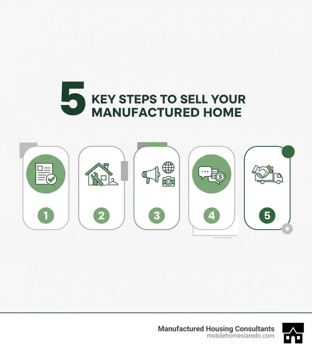 infographic showing the 5 key steps to sell a manufactured home: 1. Handle paperwork and verify title, 2. Prepare and price your home with repairs and staging, 3. Market effectively using online platforms and quality photos, 4. Negotiate offers and understand buyer financing options, 5. Complete closing with title transfer and coordinate any relocation needs - sell manufactured home infographic 