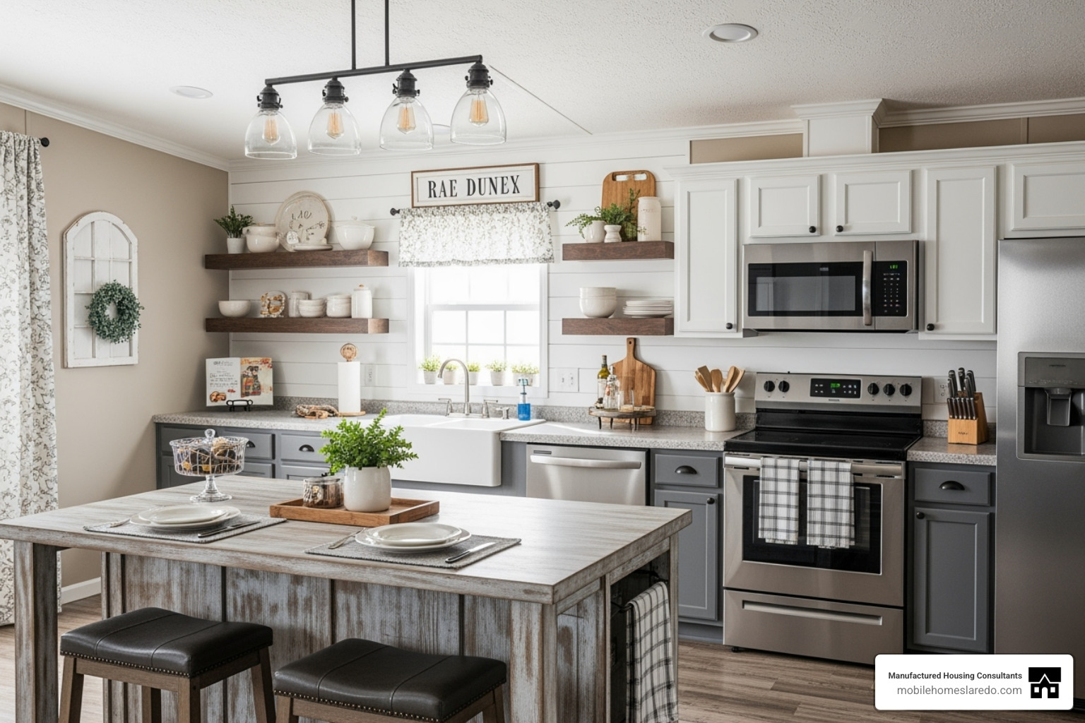 bright farmhouse-style kitchen in a single wide, featuring an apron sink and shiplap - farmhouse single wide bright farmhouse-style kitchen in a single wide, featuring an apron sink and shiplap - farmhouse single wide