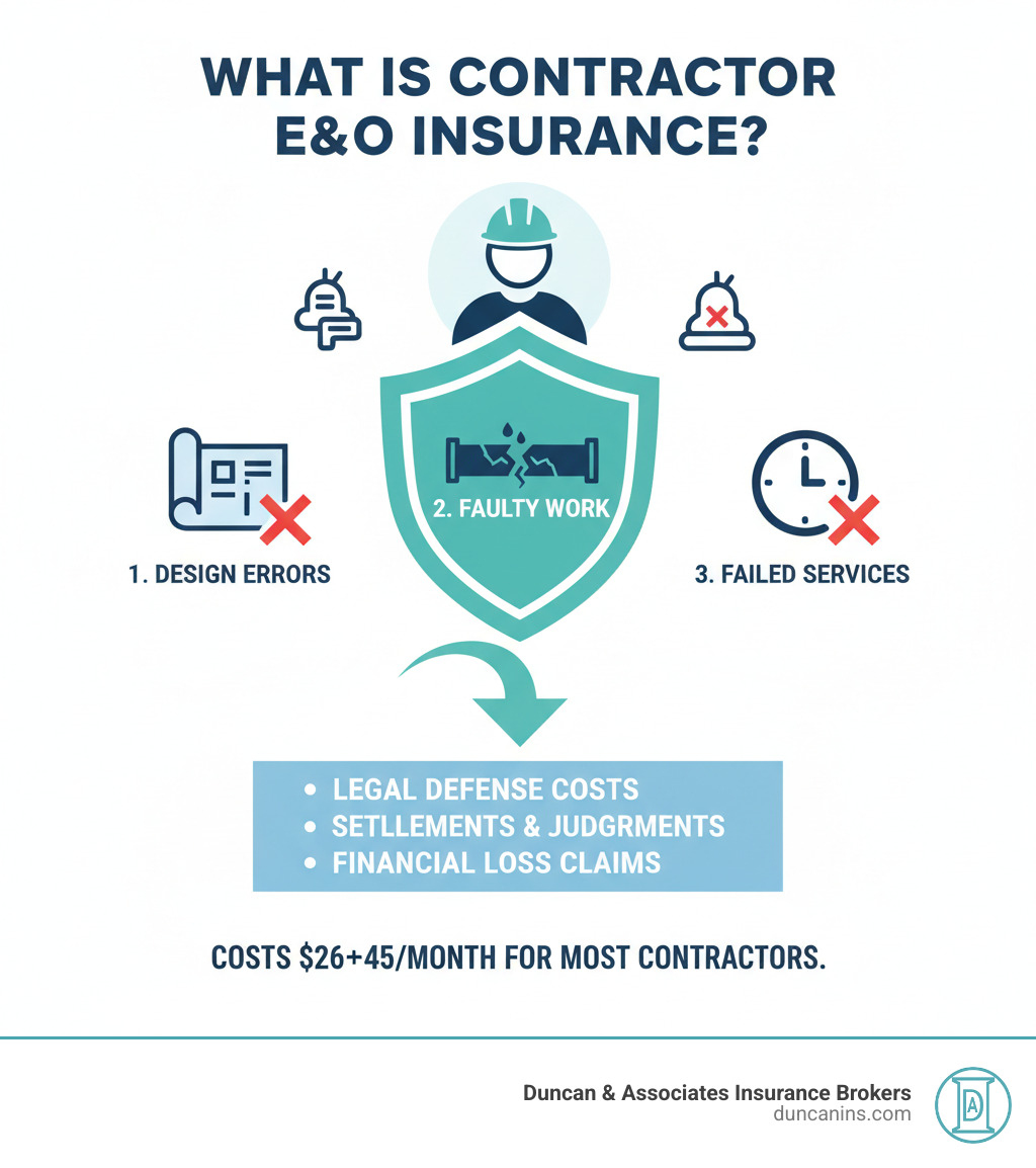 Infographic showing: What is Contractor E&O Insurance? - A shield protecting a contractor from three threats: 1. Design Errors (blueprint with X), 2. Faulty Work (broken pipe), 3. Failed Services (missed deadline). Arrow pointing to coverage includes: Legal Defense Costs, Settlements & Judgments, Financial Loss Claims. Bottom text: Costs $26-$45/month for most contractors. - contractor errors and omissions insurance infographic Infographic showing: What is Contractor E&O Insurance? - A shield protecting a contractor from three threats: 1. Design Errors (blueprint with X), 2. Faulty Work (broken pipe), 3. Failed Services (missed deadline). Arrow pointing to coverage includes: Legal Defense Costs, Settlements & Judgments, Financial Loss Claims. Bottom text: Costs $26-$45/month for most contractors. - contractor errors and omissions insurance infographic