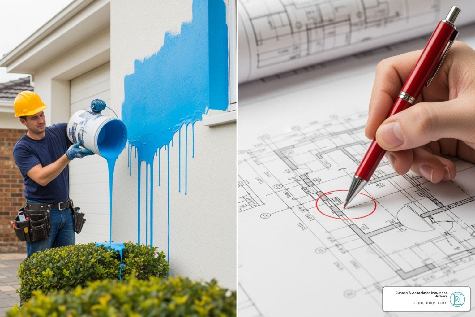 split-screen showing a physical accident (for GL) and a design flaw on a blueprint (for E&O) - contractor errors and omissions insurance split-screen showing a physical accident (for GL) and a design flaw on a blueprint (for E&O) - contractor errors and omissions insurance